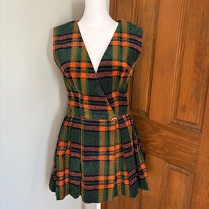 Vintage 70s Handmade? S Small ? Sleeveless Plaid Print Corduroy Jumper Dress Mod